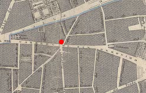 La zona de las Cuatro Calles en un plano de Madrid del año 1848. El punto rojo representa el lugar en que se alzó la casa de Juan Utrilla
