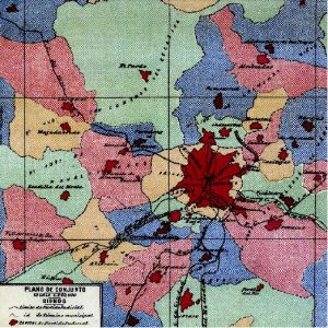 Ampliación de detalle del Plano de Facundo Cañada de 1900 con los términos municipales de los pueblos que circundaban Madrid. 13 de ellos serían finalmente seleccionados para incorporarse al municipio de la capital a principios del régimen militar del general Franco, entre los años 1948 y 1954.