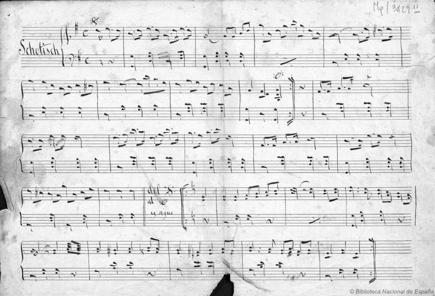 Partitura manuscrita de un chotis de autor anónimo datada en 1850.