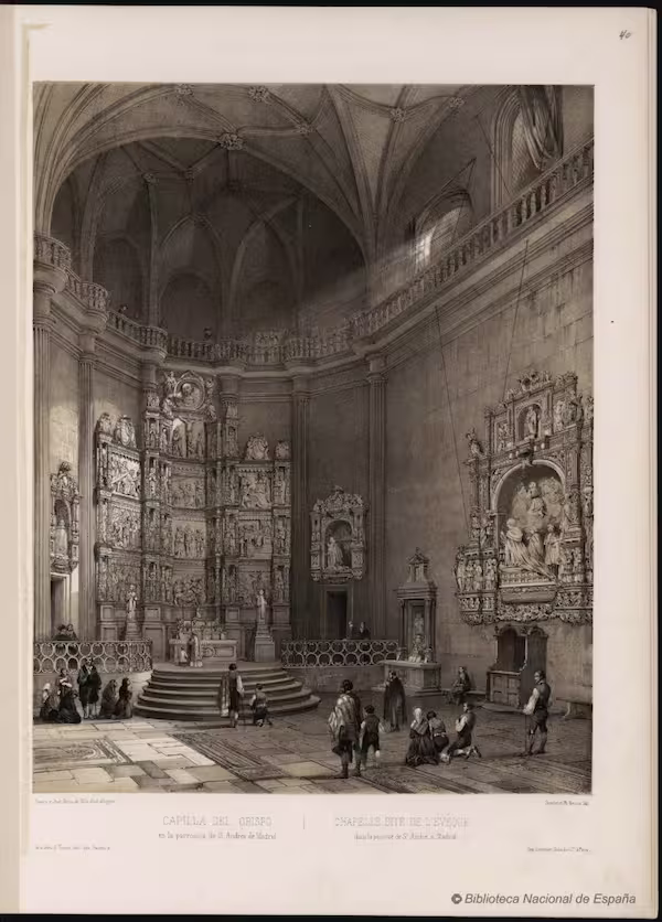 Capilla del Obispo en la parroquia de S. Andres de Madrid. Genaro y Juan Perez de Villa Amil dibujaron ; Jacottet et Benoist lith 1842. Fuente: BNE