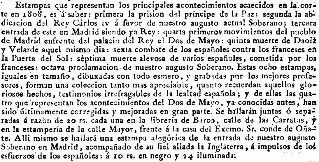 La muerte de Daoiz y Velarde 6 Gaceta de Madrid del 27 diciembre 1814 anunciando una nueva tirada de esta colección de estampas incrementada con cuatro nuevo episodios junto con la mejora de las cuatro ya existentes.