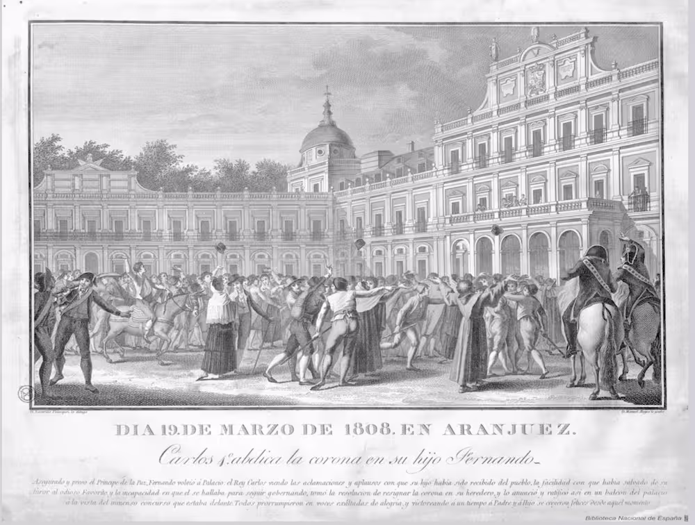 Carlos 4º abdica la corona en su hijo Fernando. D. Zacarias Velazquez lo dibujó ; D. Manuel Alegre lo grabó. Fuente Biblioteca Digital Hispánica