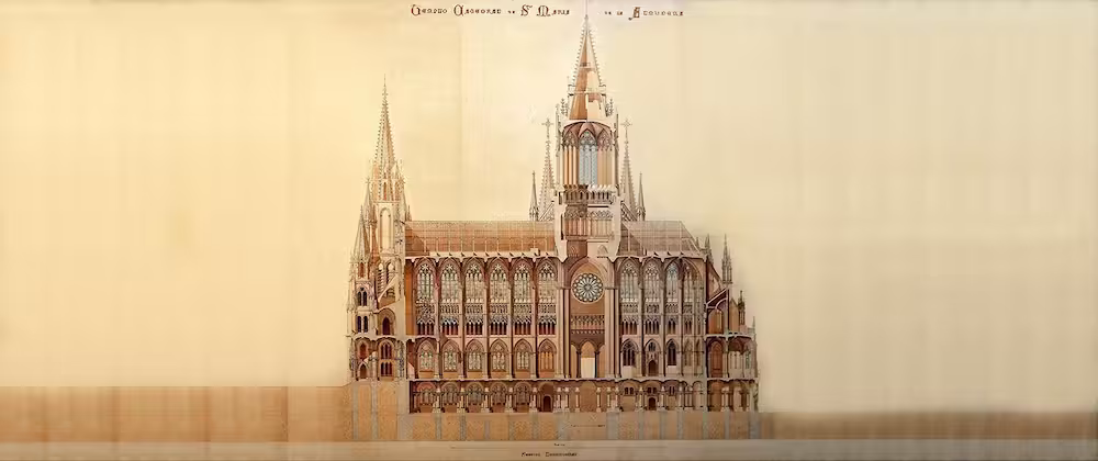 Historia de la catedral de la Almudena 7 Francisco de Cubas. Sección longitudinal de la Catedral de Santa María la Real de la Almudena. Archivo de la Catedral de la Almudena. 1885. Fuente IEM
