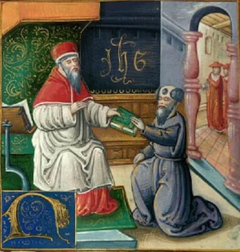San Jerónimo entrega la Biblia a san Dámaso. Miniatura de la Biblia de Hainaut, Francia, s. xv.