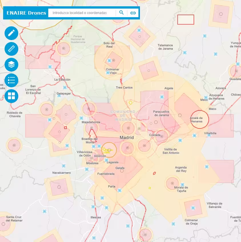 Mapa de ENAIRE Drones mostrando las zonas de restricción aérea en la Comunidad de Madrid